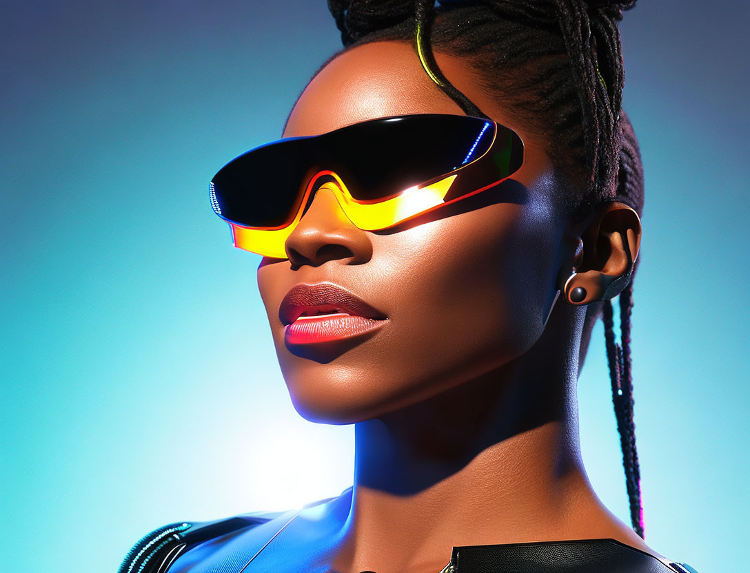 Stylish woman with sunglasses and braided hair on blue background