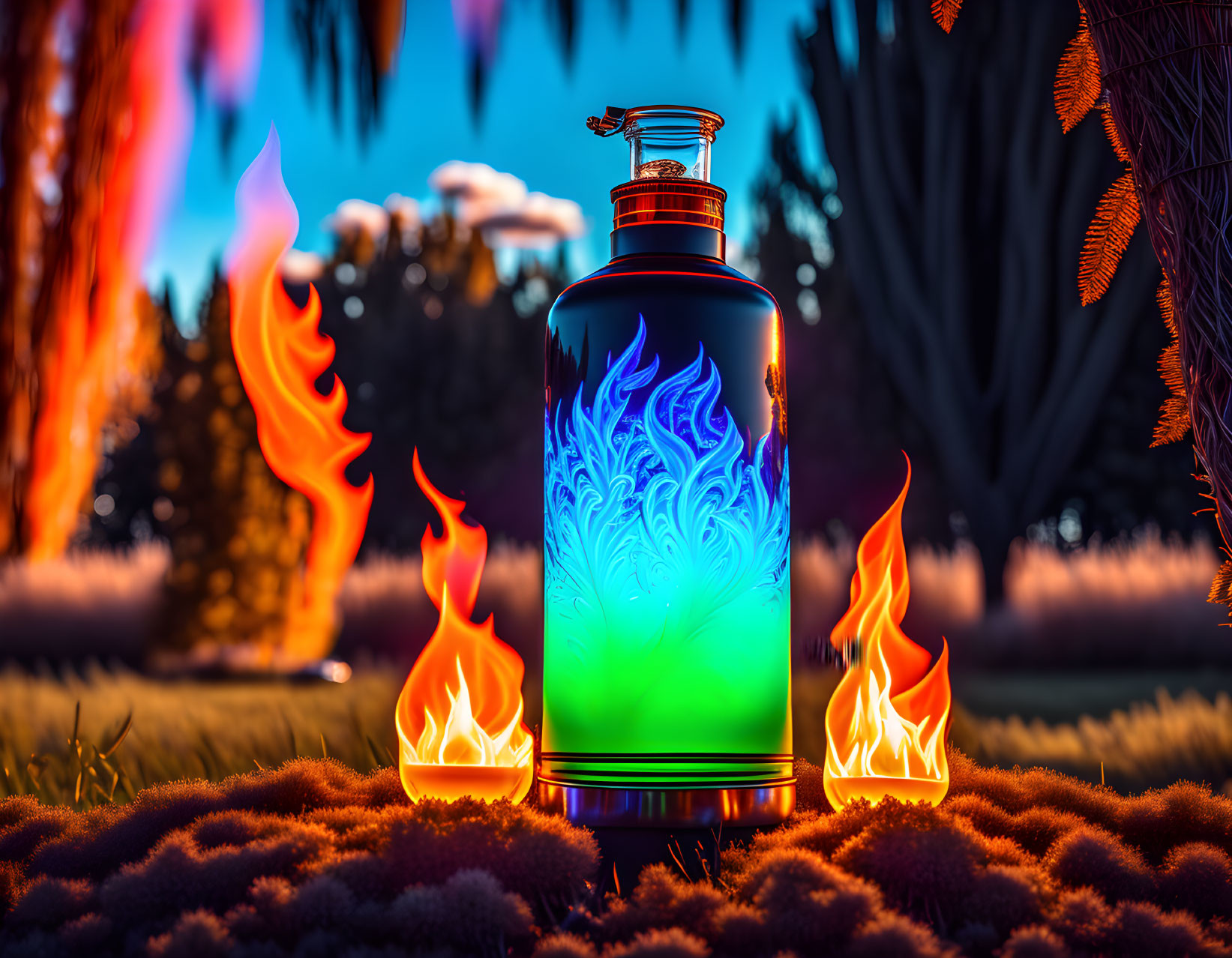 Ornate illuminated bottle in twilight forest setting