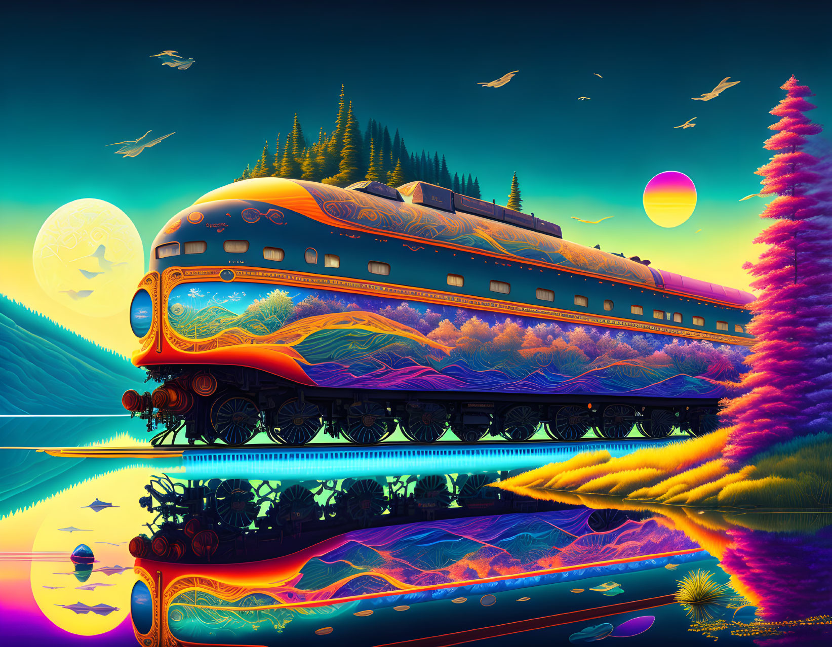 Colorful retro-futuristic train with neon colors, reflective surface, forested hills, birds,