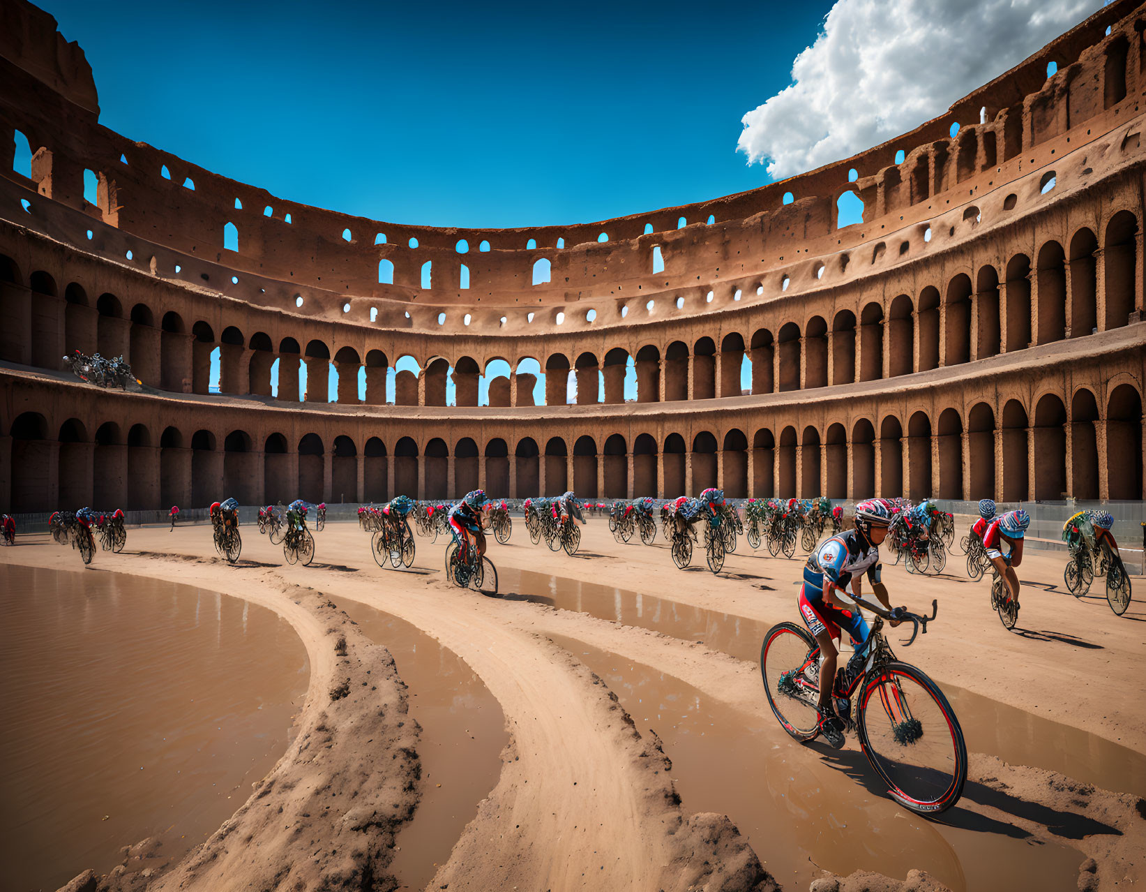 Cycling event in Colosseum-like arena with sandy track under blue sky