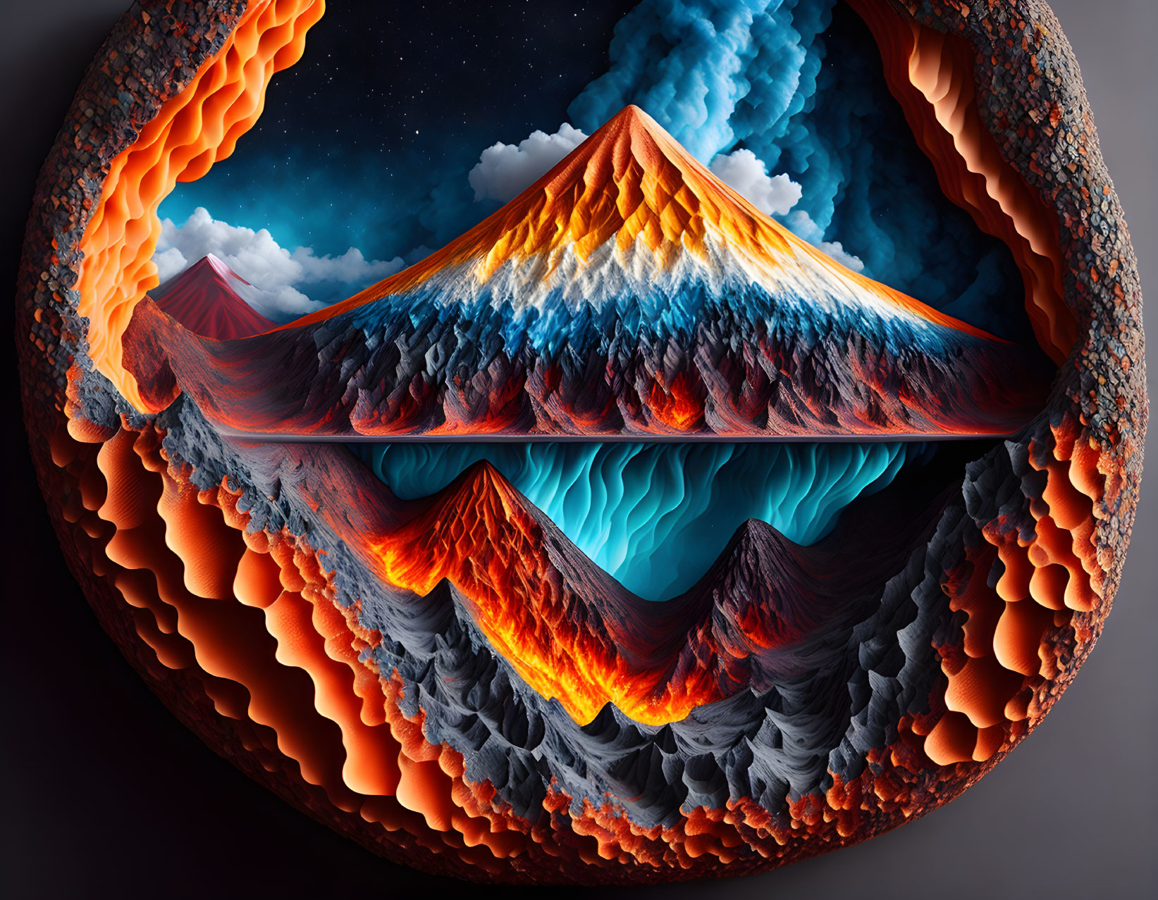 Colorful Circular Landscape with Erupting Volcano and Starry Sky