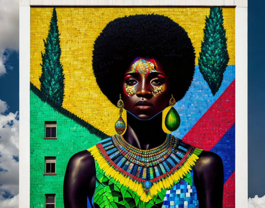 Colorful African Woman Mural with Afro and Traditional Jewelry