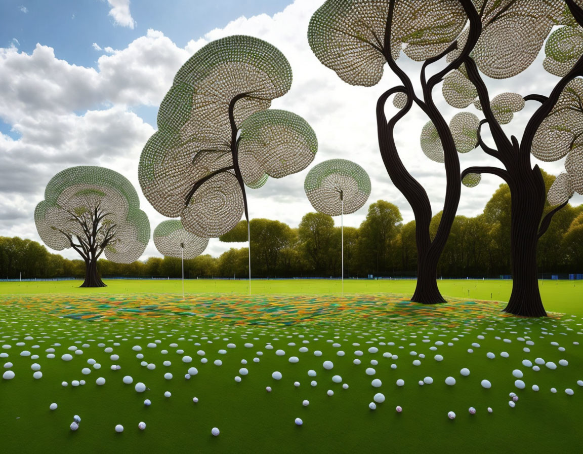 Circular-patterned canopy trees art installation in field with spherical objects under cloudy sky