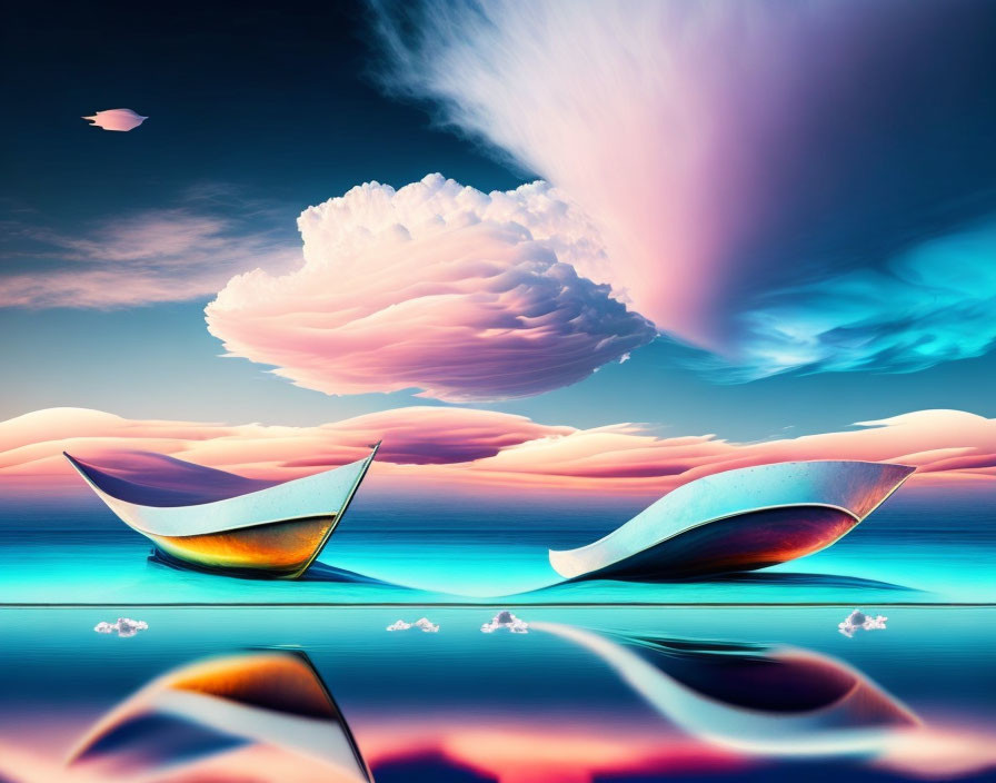 Surreal paper boats on reflective water with pastel sky and whimsical clouds.