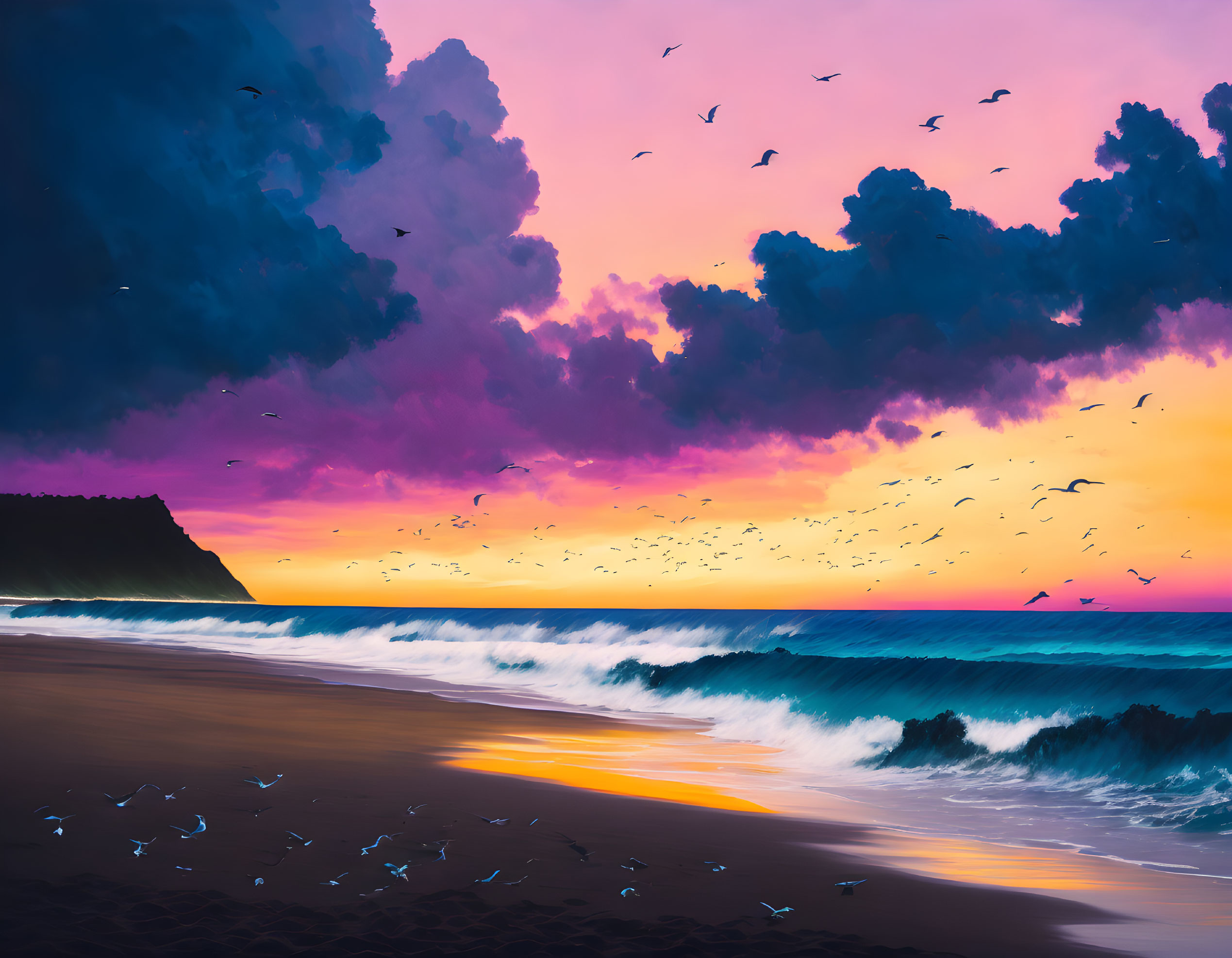 Colorful beach sunset with birds, waves, and cloudy sky