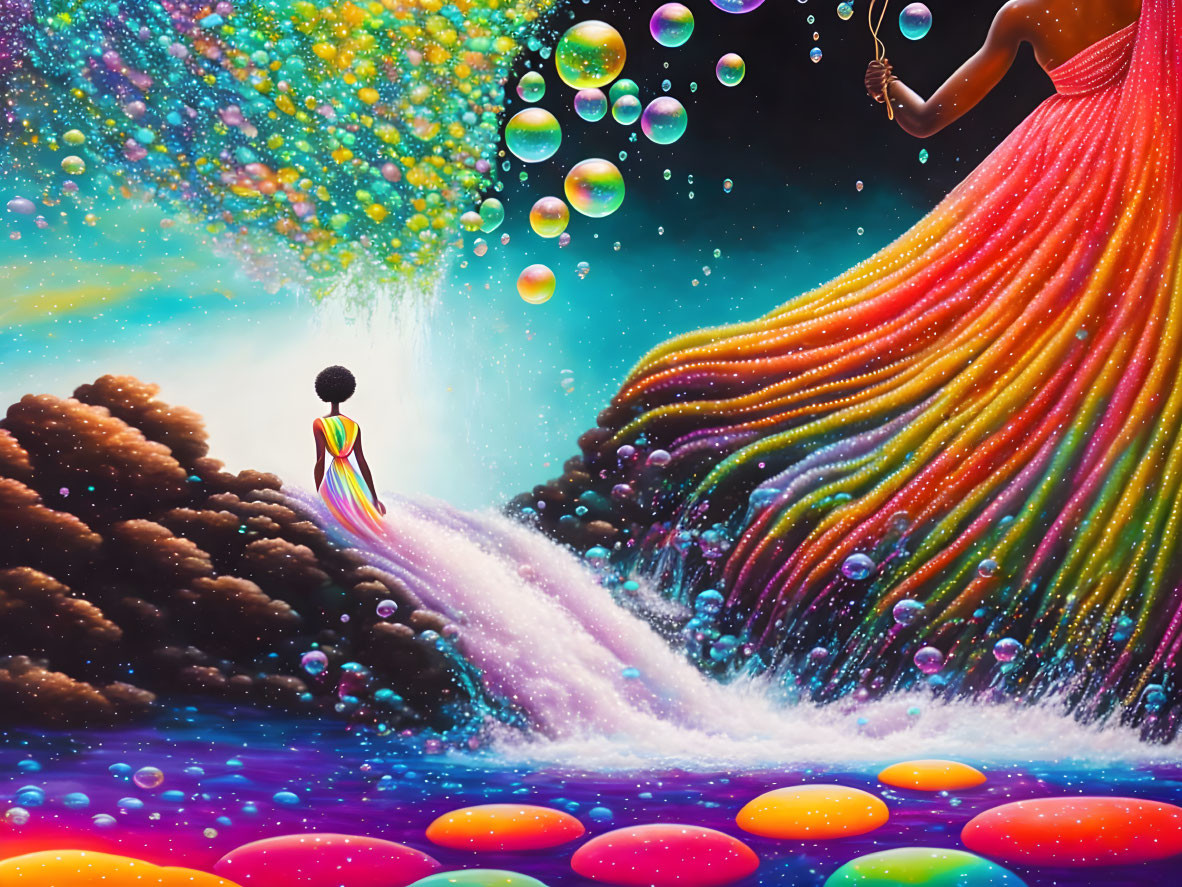 Colorful artwork: Person walking to giant, flowing gown in cosmic setting