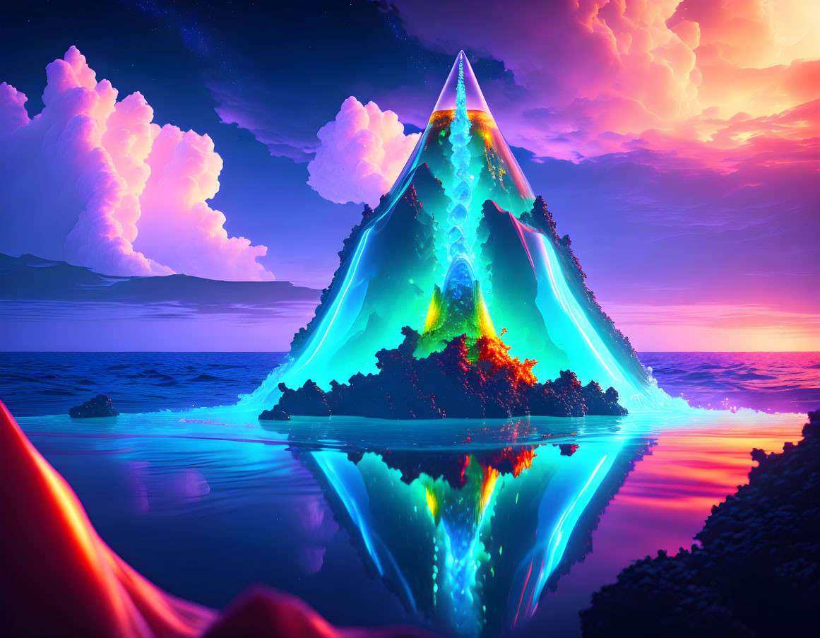 Colorful surreal landscape with glowing triangular mountain reflected in water