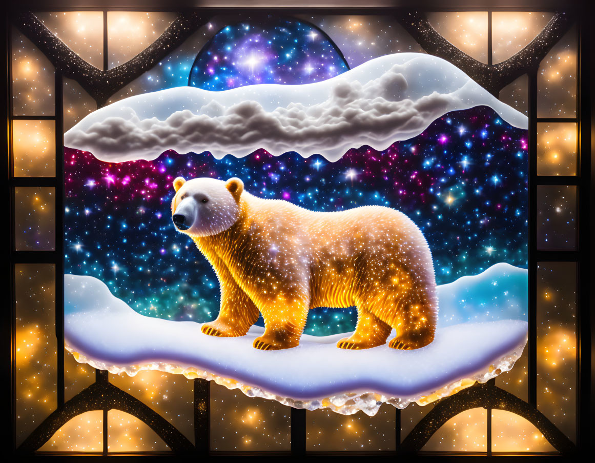 Polar bear on snowy ledge under cosmic sky with gothic window frame