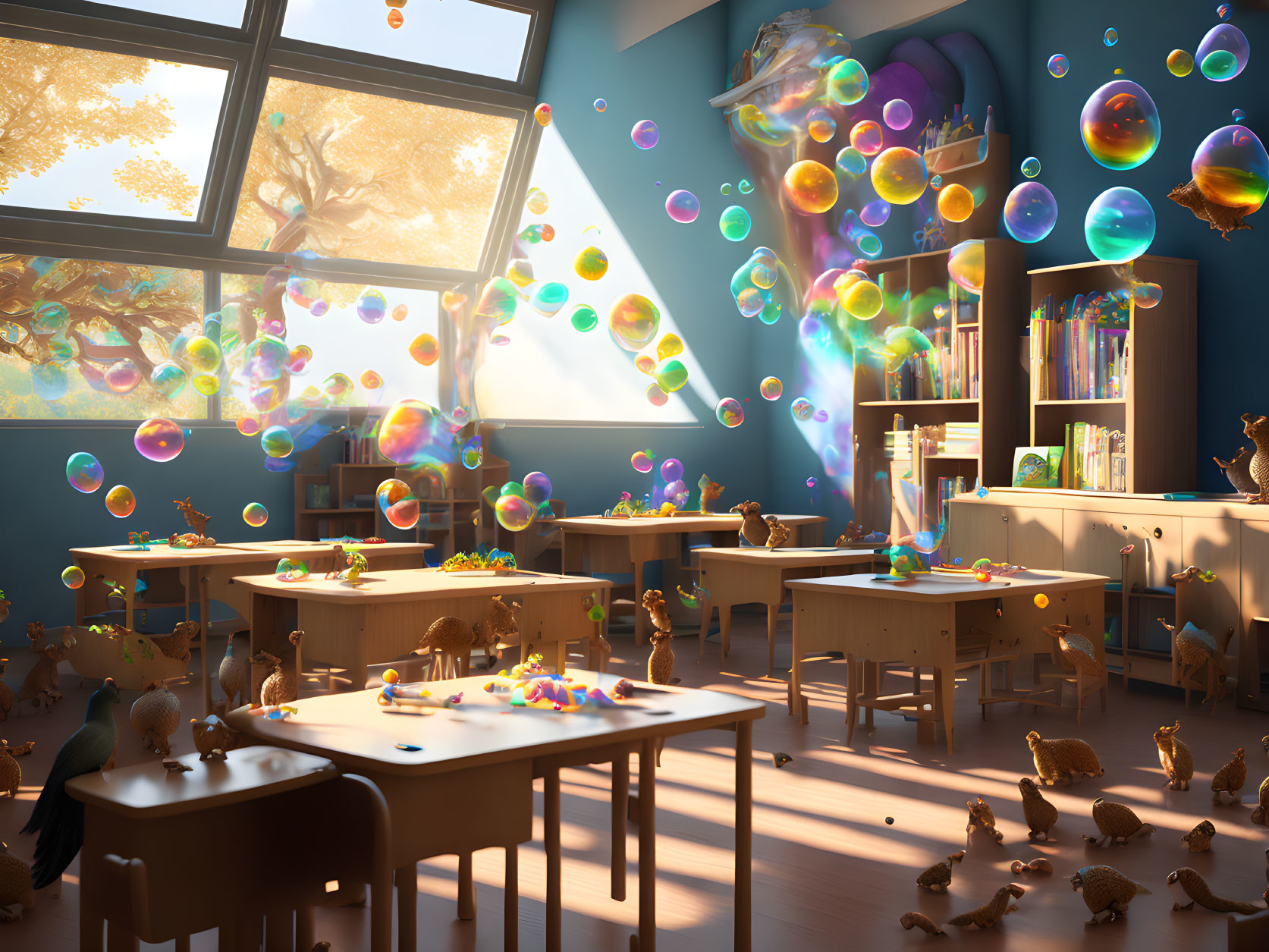 Bright Classroom with Floating Bubbles, Colorful Toys, and Golden Tree View