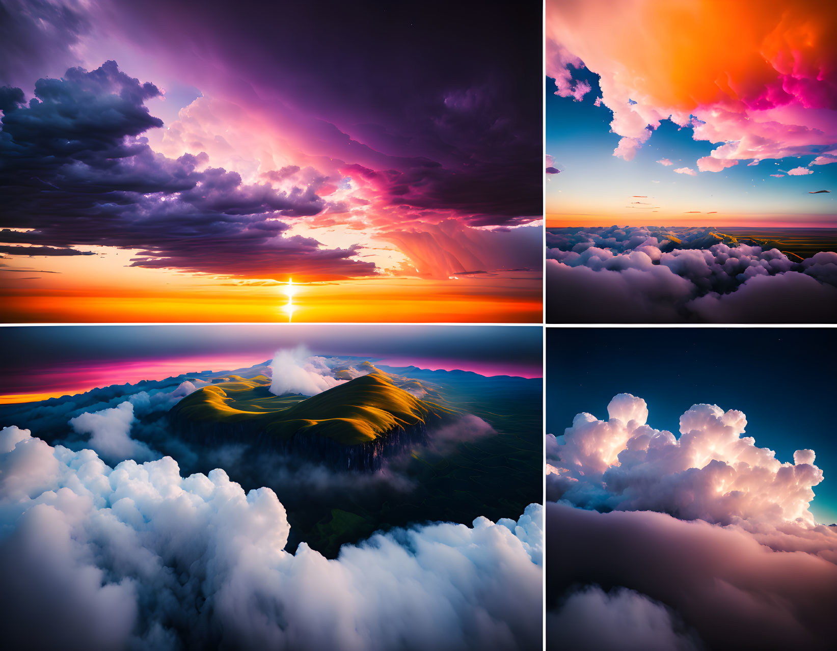 Four Vibrant Sky Scenes: Dramatic Sunsets, Cloudscapes, Mountain Peak