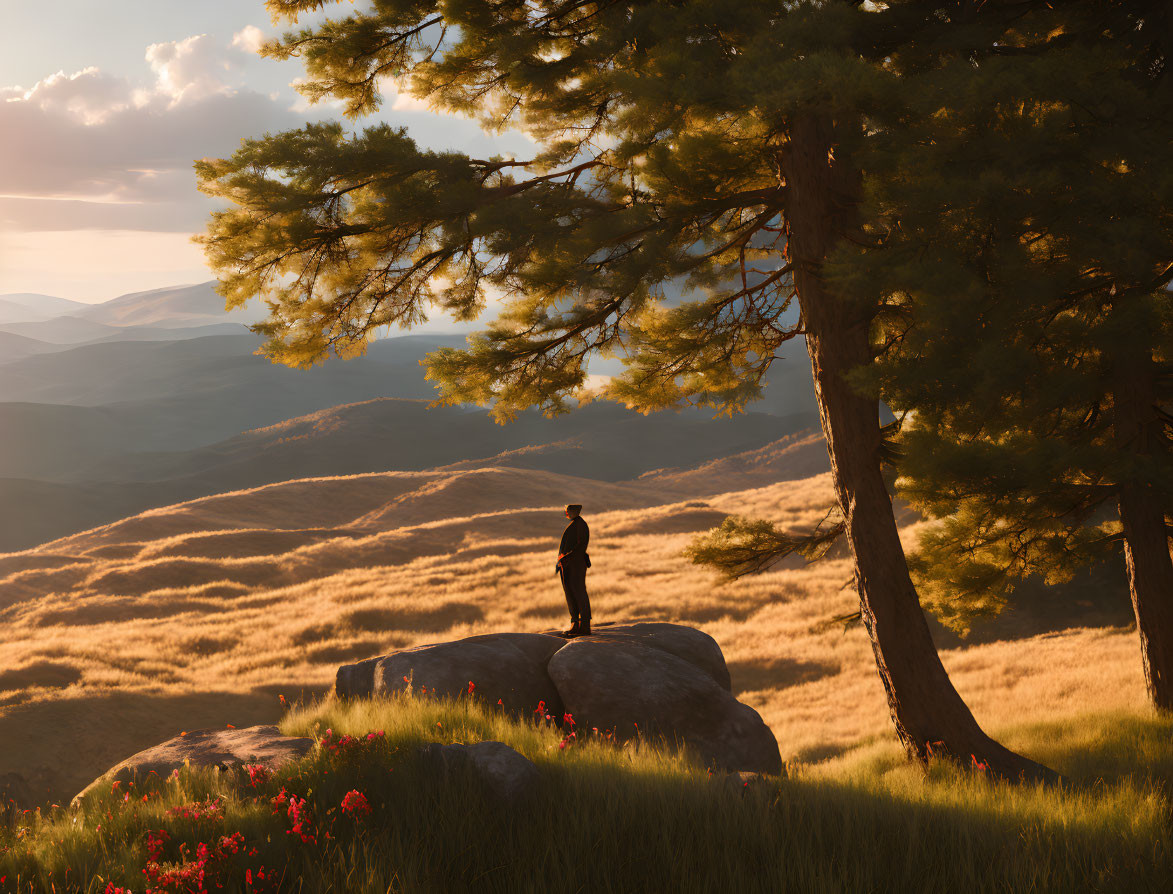 Person standing on rock surrounded by tall grass, pine trees, and rolling hills at sunset