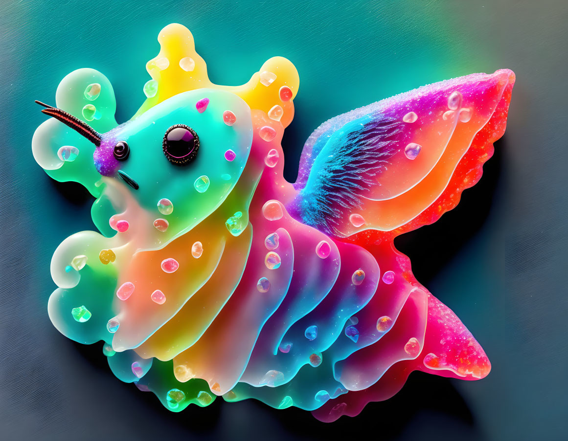 Colorful stylized creature with translucent wings and vibrant hues on blue background