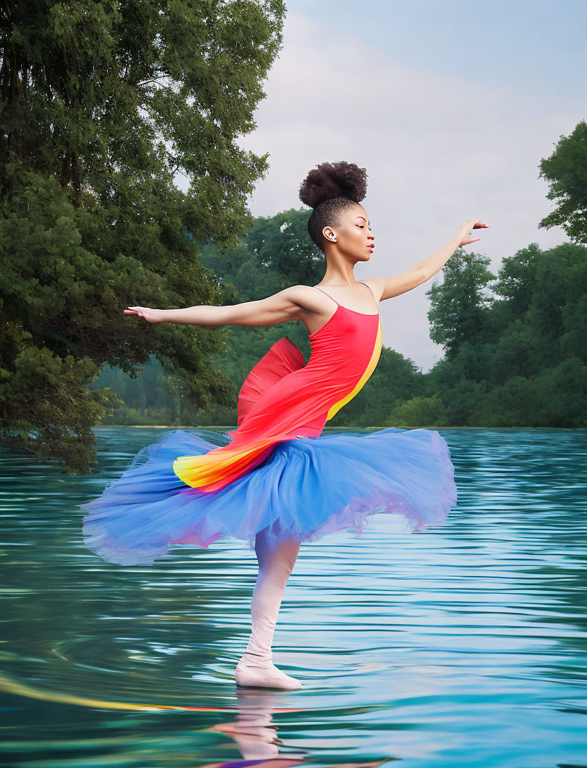 Multicolored tutu ballerina gracefully poses on water with forest backdrop