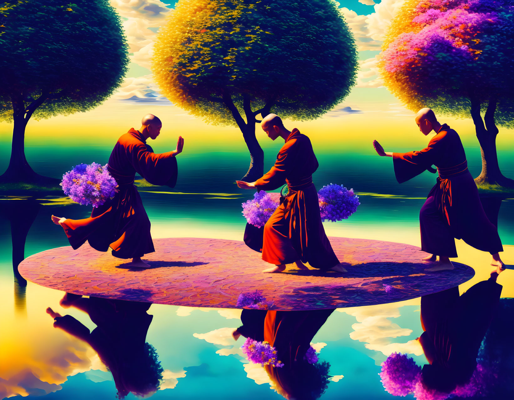 Three individuals in monk robes practicing martial arts on a circular platform in surreal landscape