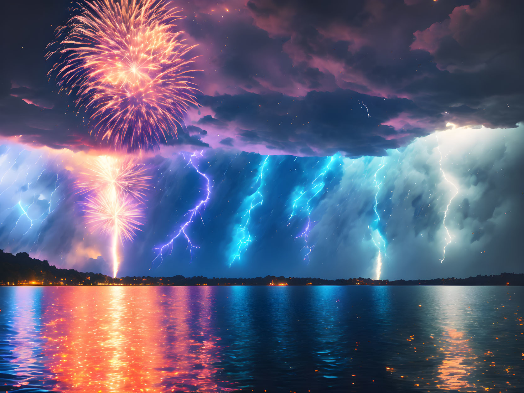 Colorful fireworks and lightning over tranquil lake with stormy sky