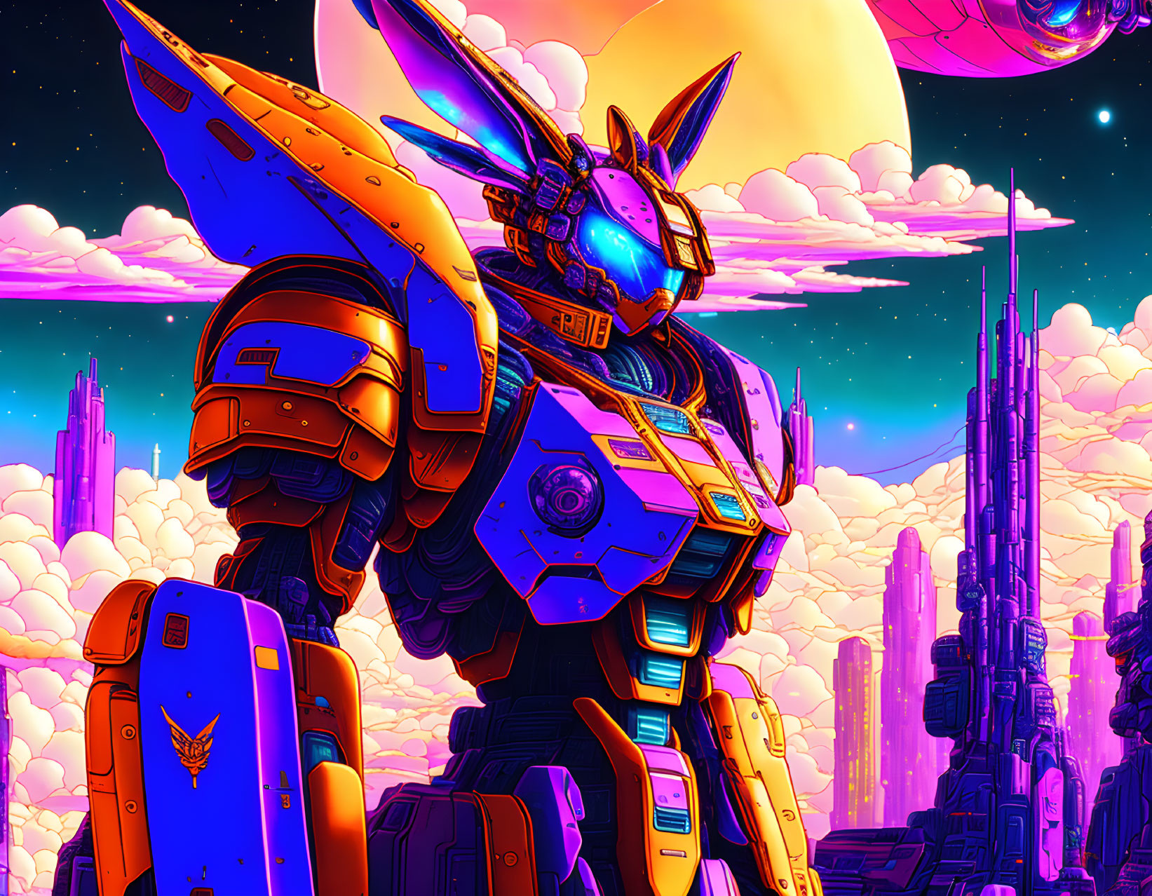 Colorful giant robot with rabbit-head design in fantasy sky.