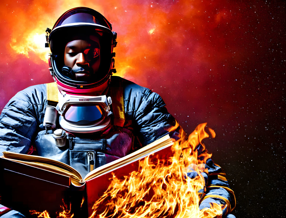 Astronaut reading book with flaming pages in space suit amid stars