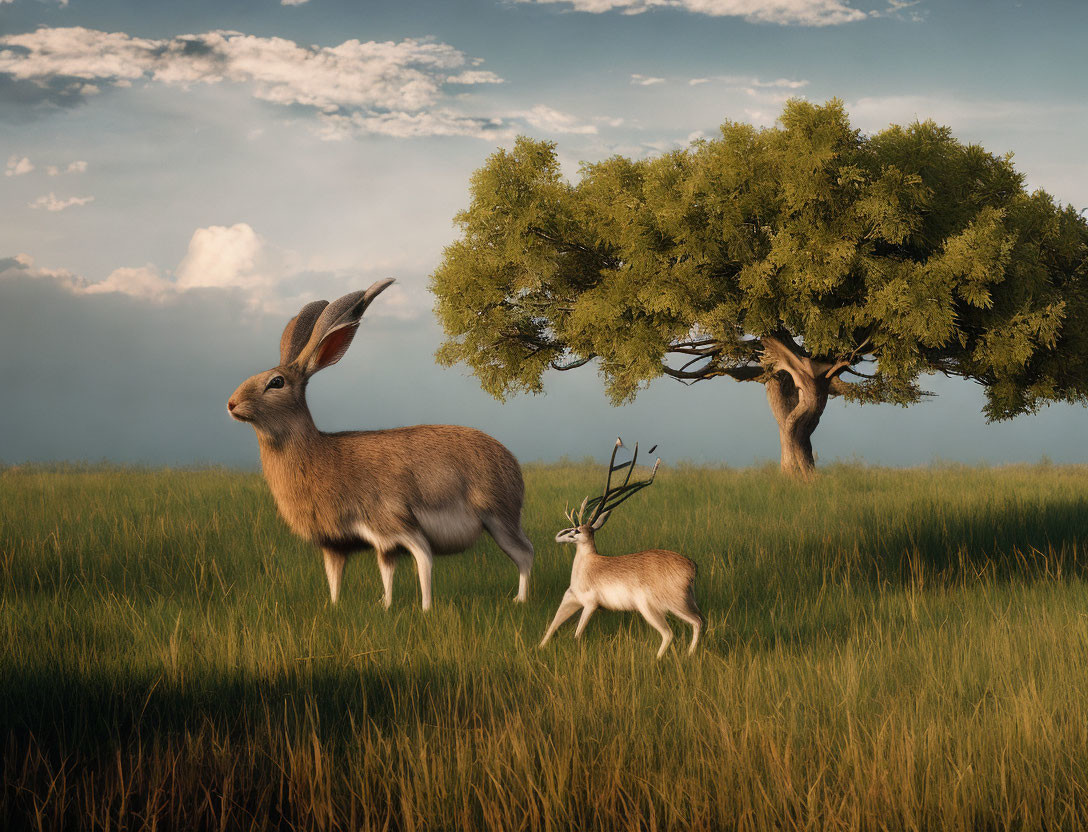 Giant Rabbit and Tiny Deer in Surreal Grassland Scene