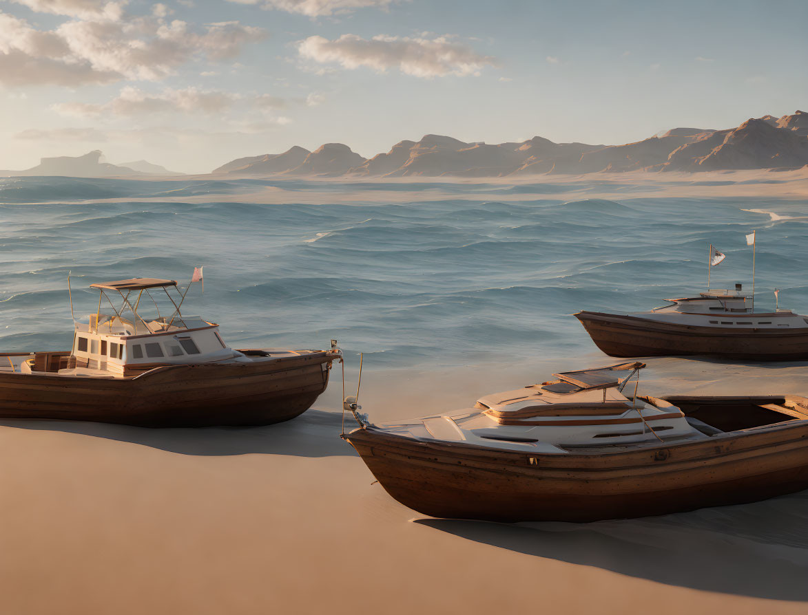 Wooden boats on sandy shore with blue water and distant mountains.