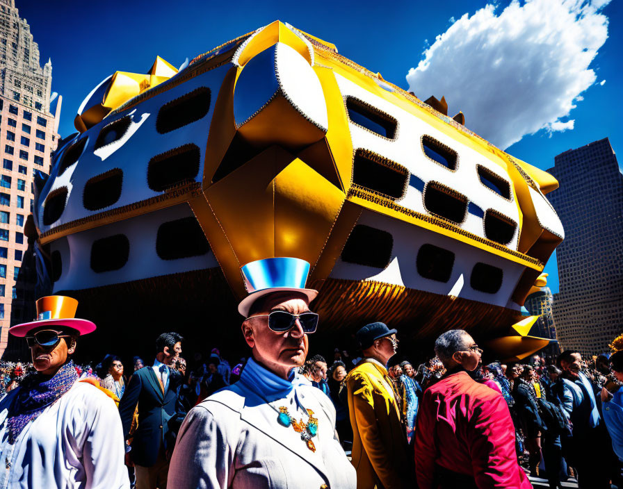 Colorful street parade with top hats, sunglasses, and ship float in urban setting