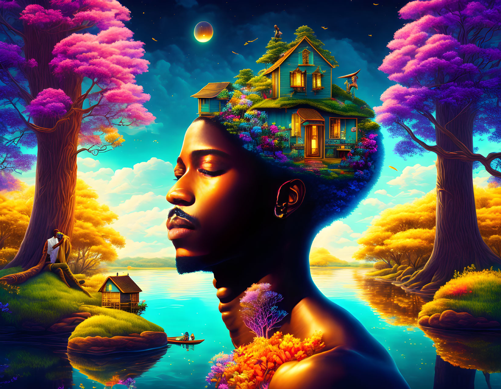 Surreal image: Woman's profile in serene landscape with floating house