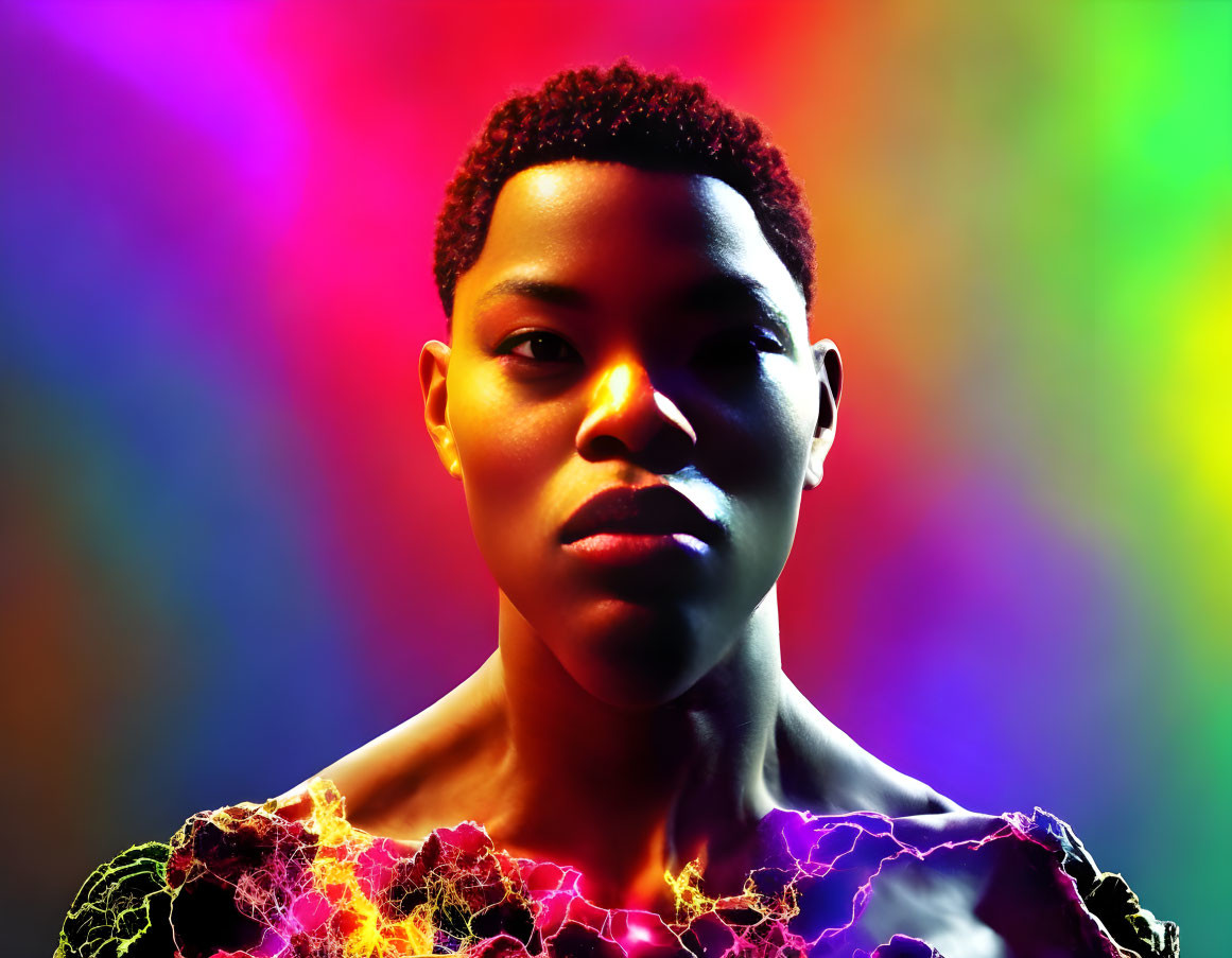 Short-Haired Person on Vibrant Multicolored Background with Electric Effects