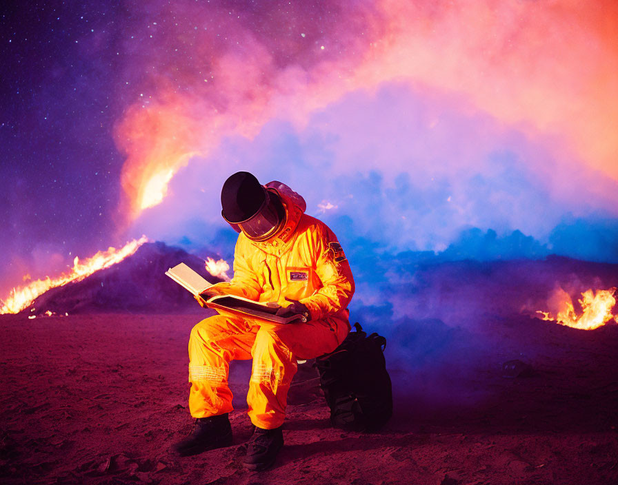 Firefighter reading book in full gear amidst flames and smoke