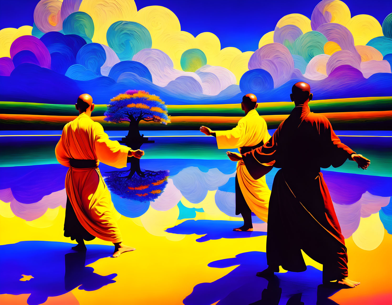 Colorful martial arts practice by stylized tree and water against vibrant backdrop