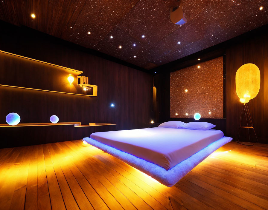 Modern Bedroom with Wooden Floors, Starry Ceiling, and Blue Lighting