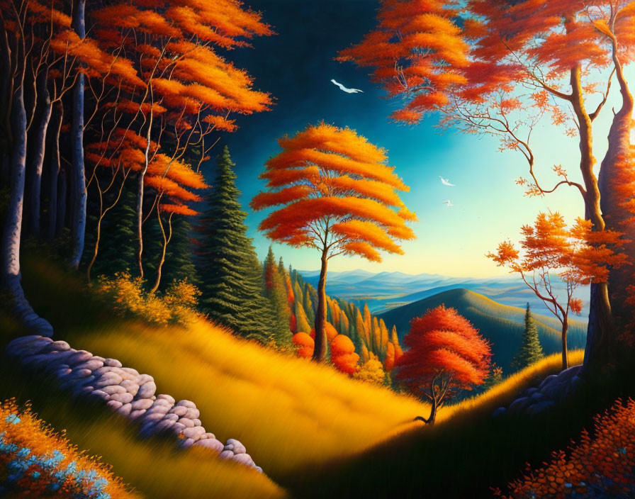 Colorful autumn landscape with sunlit path and distant mountains.