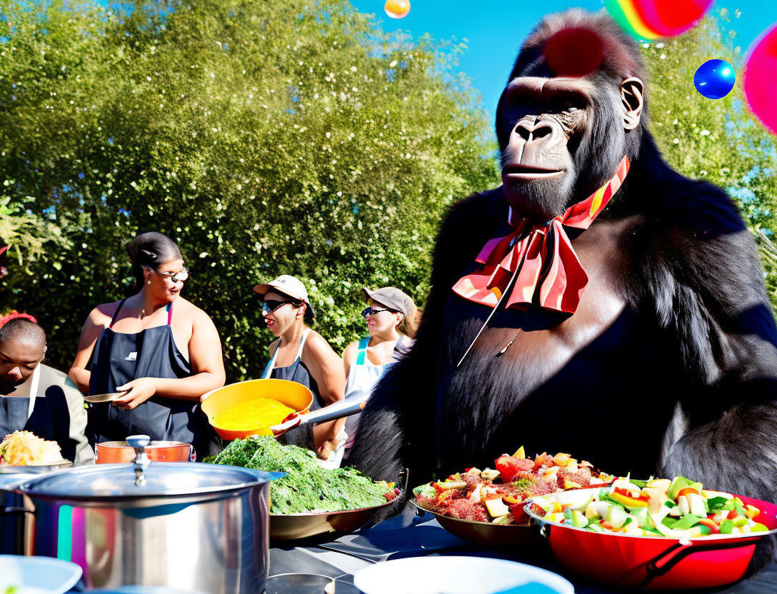 Gorilla figure at outdoor party table with colorful balloons and people serving food