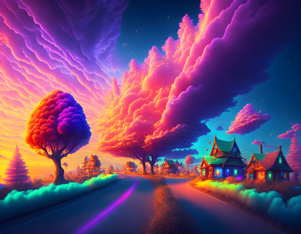 Fantasy landscape with neon clouds, glowing tree, whimsical houses, and surreal purple sky