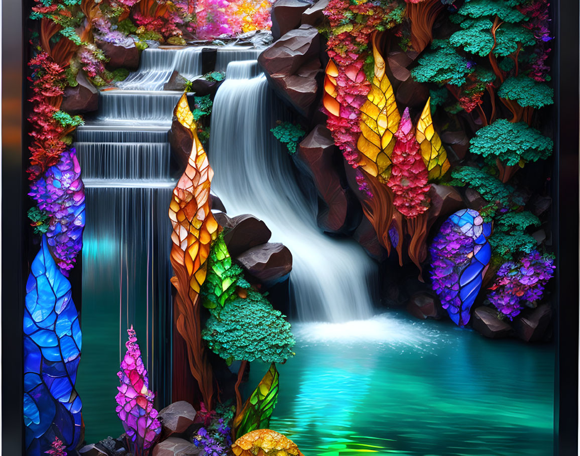 Colorful Fantasy Waterfall with Crystal Trees and Blue Lagoon