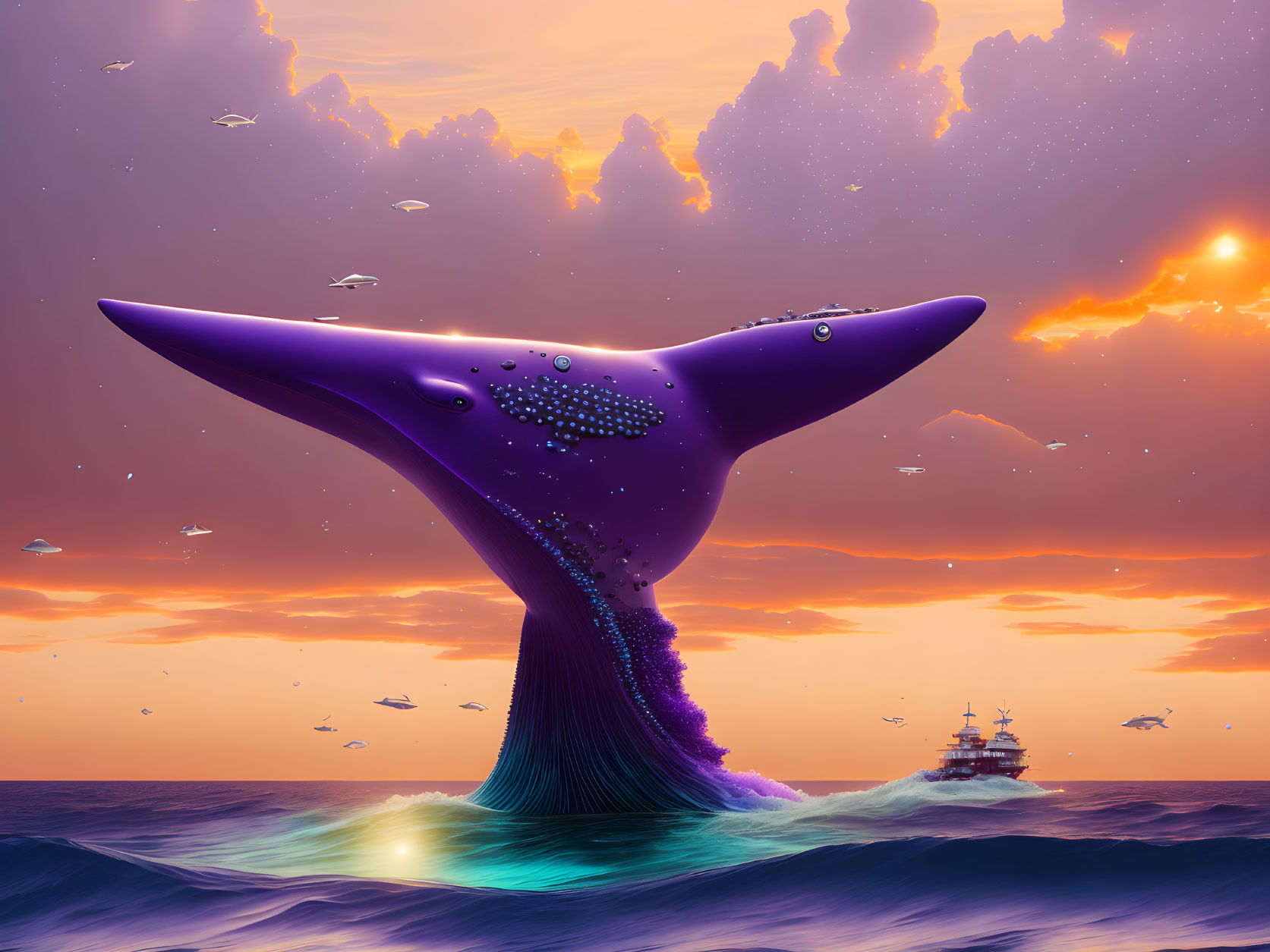 Whale tail breaching ocean at sunset with vibrant purple hues