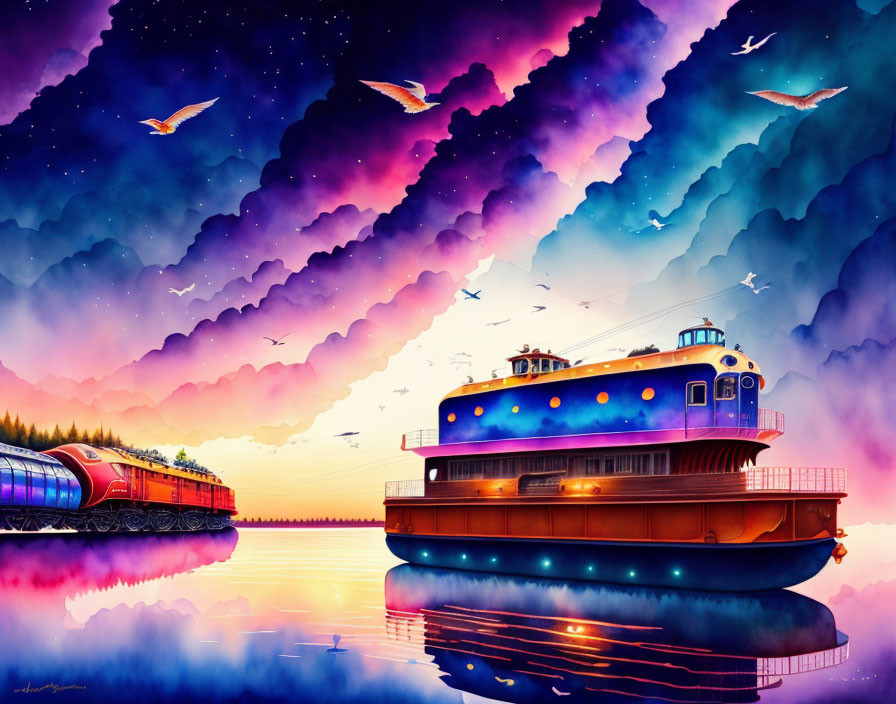 Colorful Train and Boat Illustration by Tranquil Lakeside at Twilight