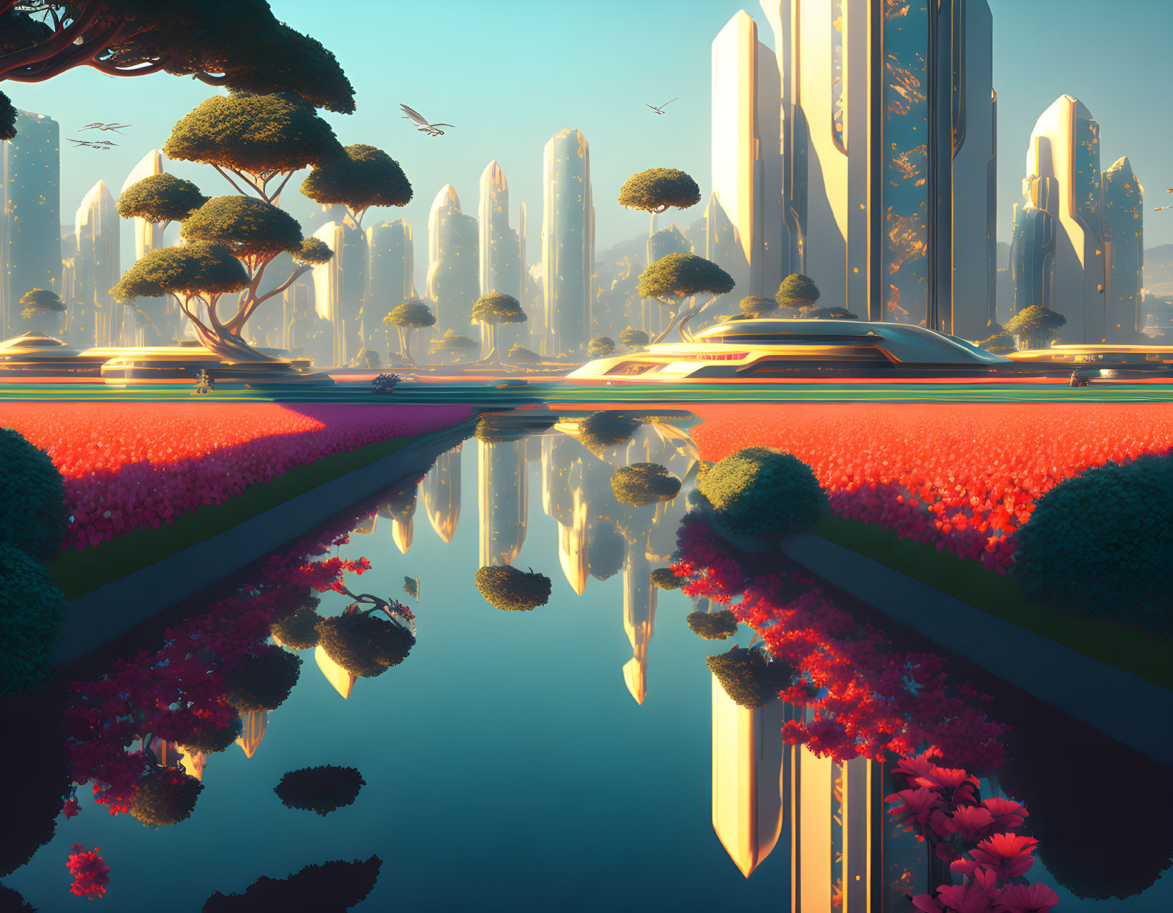 Futuristic cityscape with waterways, trees, and pink flowers