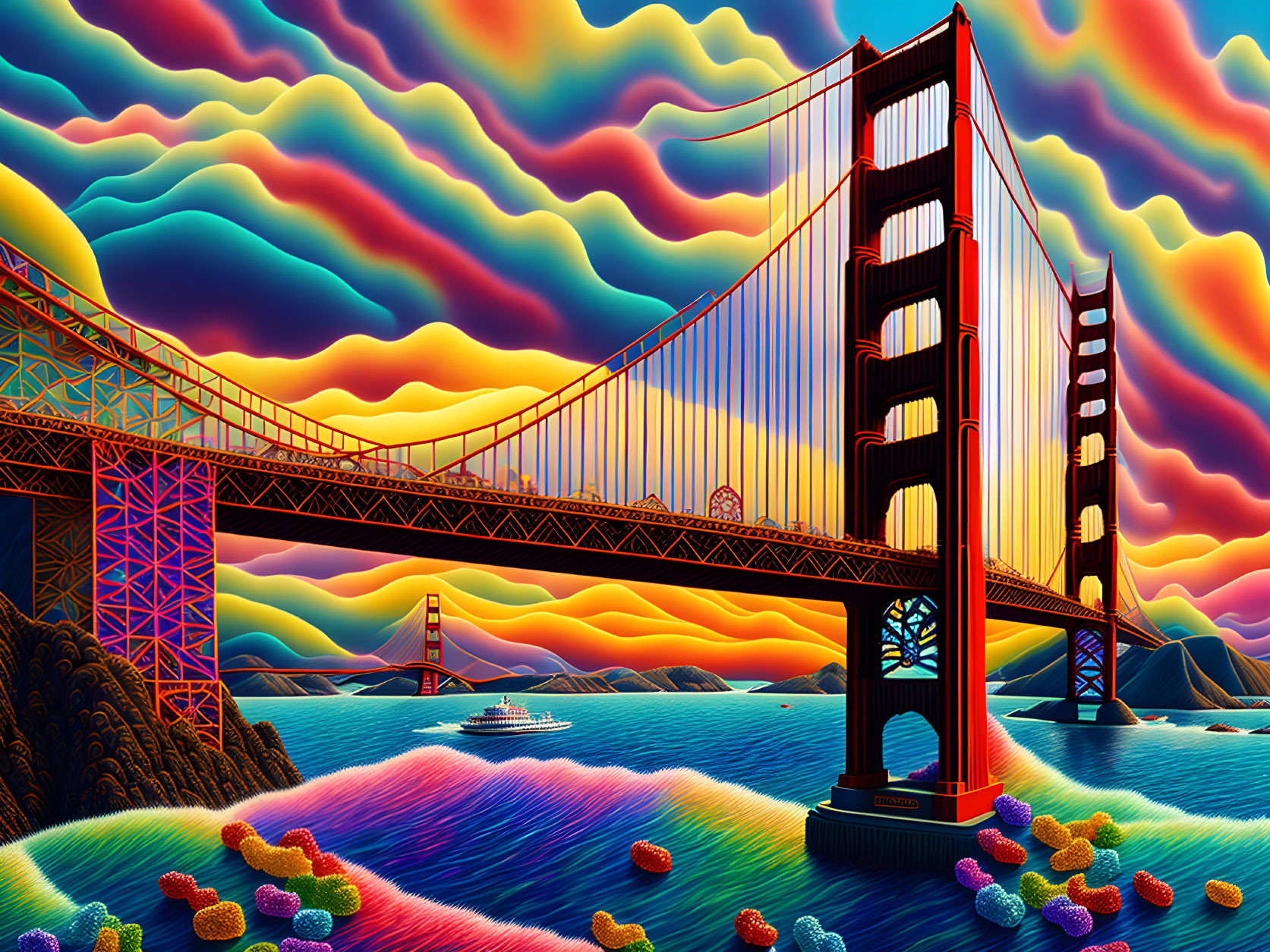 Colorful illustration of Golden Gate Bridge with psychedelic patterns