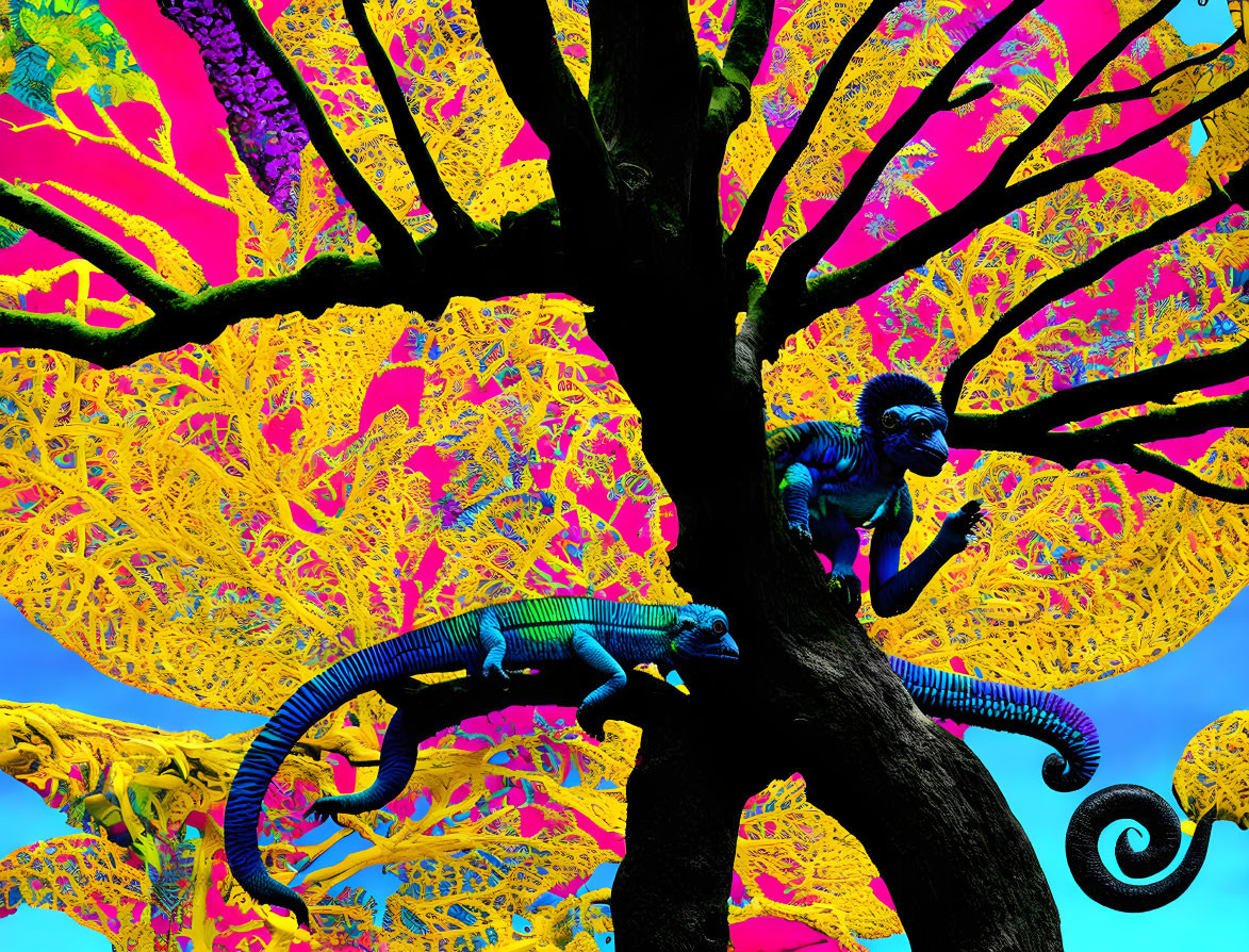 Colorful Artwork: Monkey and Chameleon in Tree with Psychedelic Background