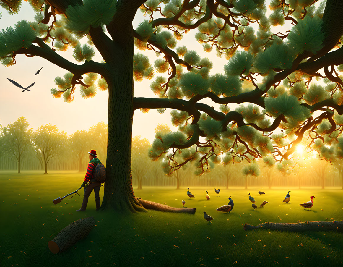 Person Walking Under Large Tree with Birds in Serene Forest at Sunset