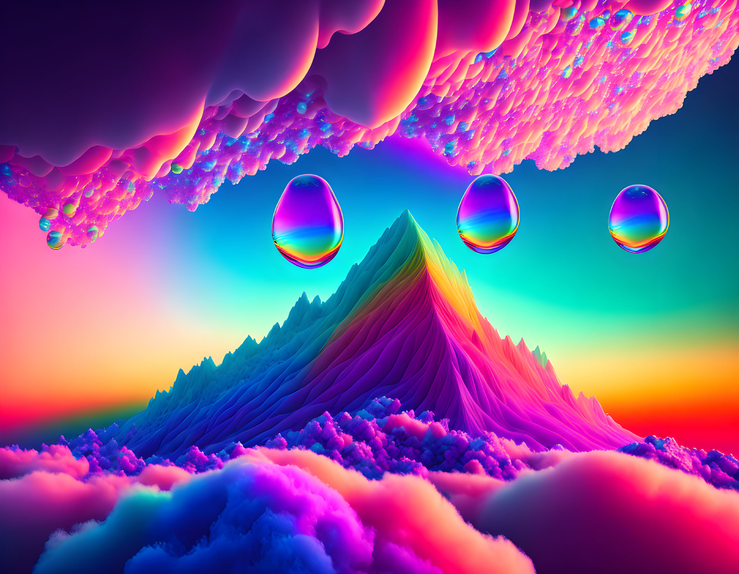 Colorful digital landscape with mountain peak, iridescent bubbles, and sunset sky