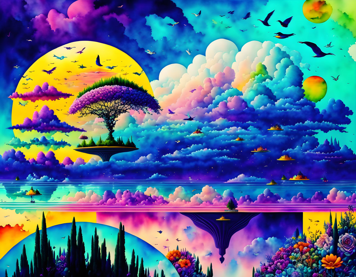 Surreal landscape with yellow moon, purple trees, birds, and boats