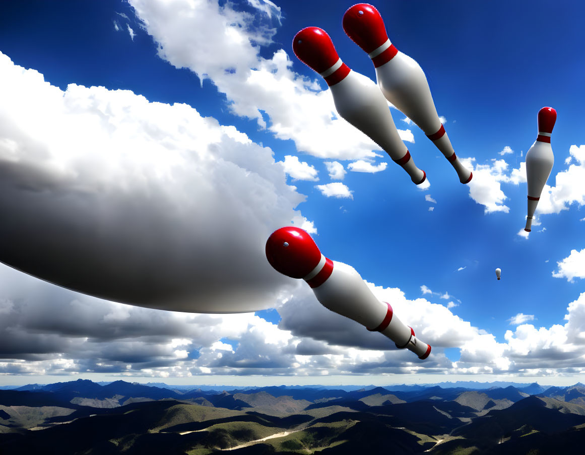 Red and White Bowling Pins Flying in Blue Sky Landscape