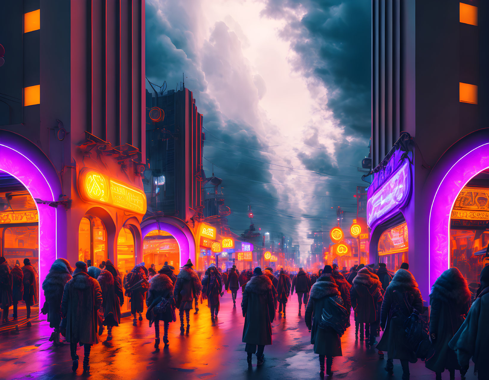 Futuristic city street at twilight with neon signs and crowd in heavy coats