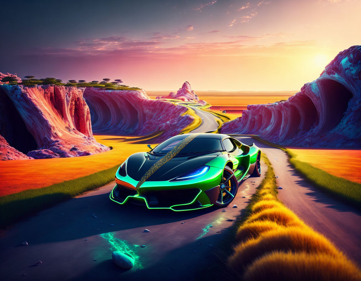 Colorful Sports Car Driving Through Surreal Sunset Landscape