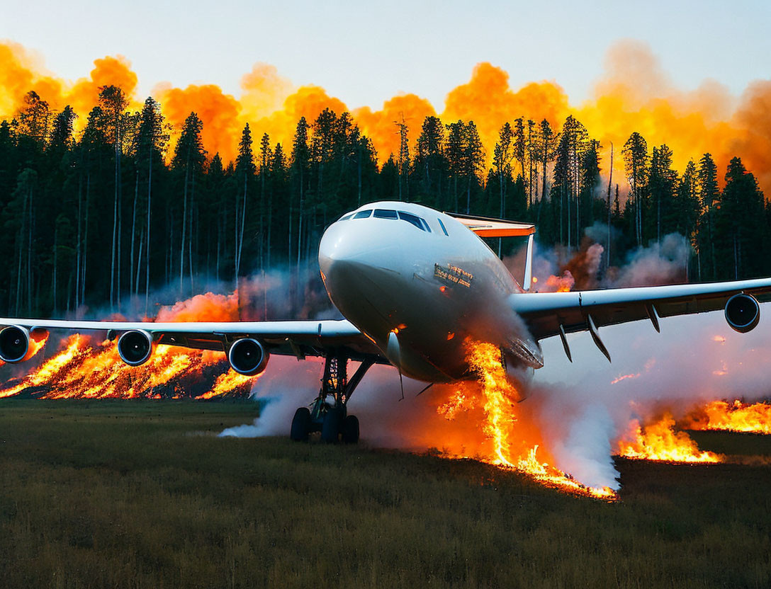 Airplane on Ground Engulfed in Flames Amid Forest Fire