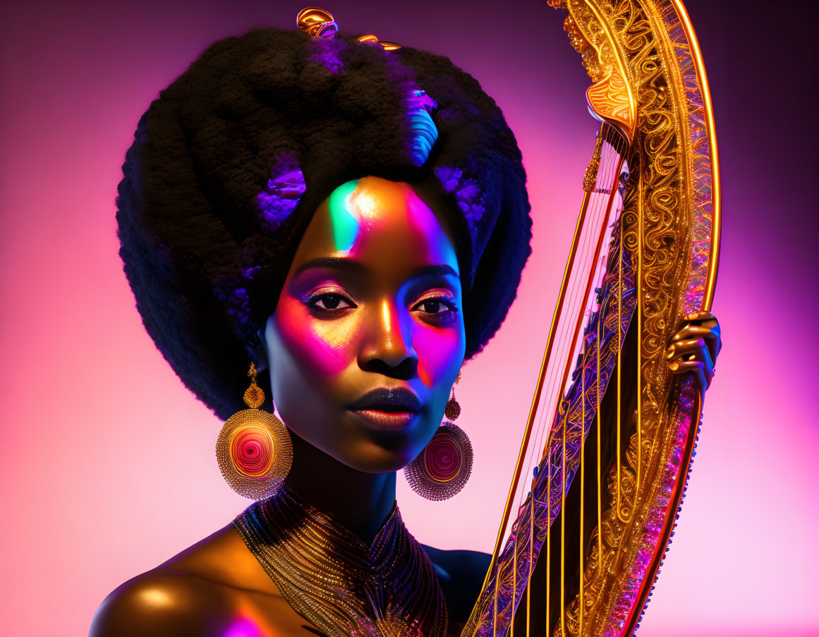 Elaborate hairstyle woman with harp on gradient background