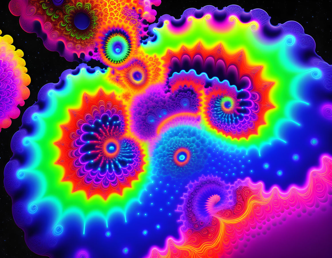 Colorful Psychedelic Fractal Pattern with Neon Spectrum Swirls