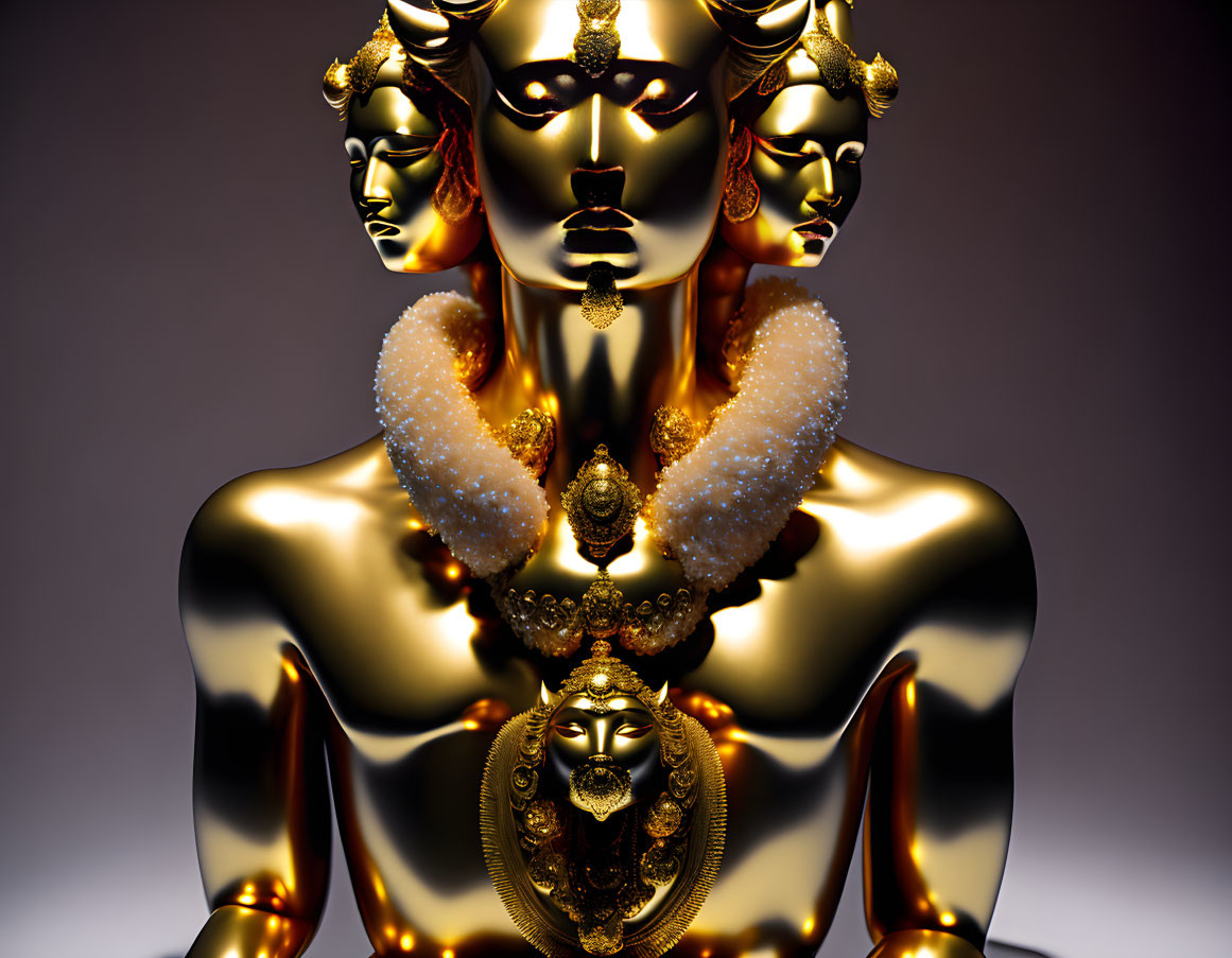 Golden statue with serene faces and intricate jewelry on gradient backdrop