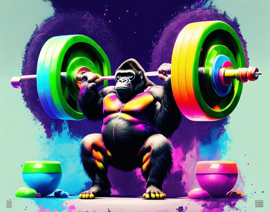 Colorful Gorilla with Barbell and Fishbowls in Cosmic Background