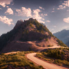 Scenic landscape with winding road, greenery, wildflowers, and mountains